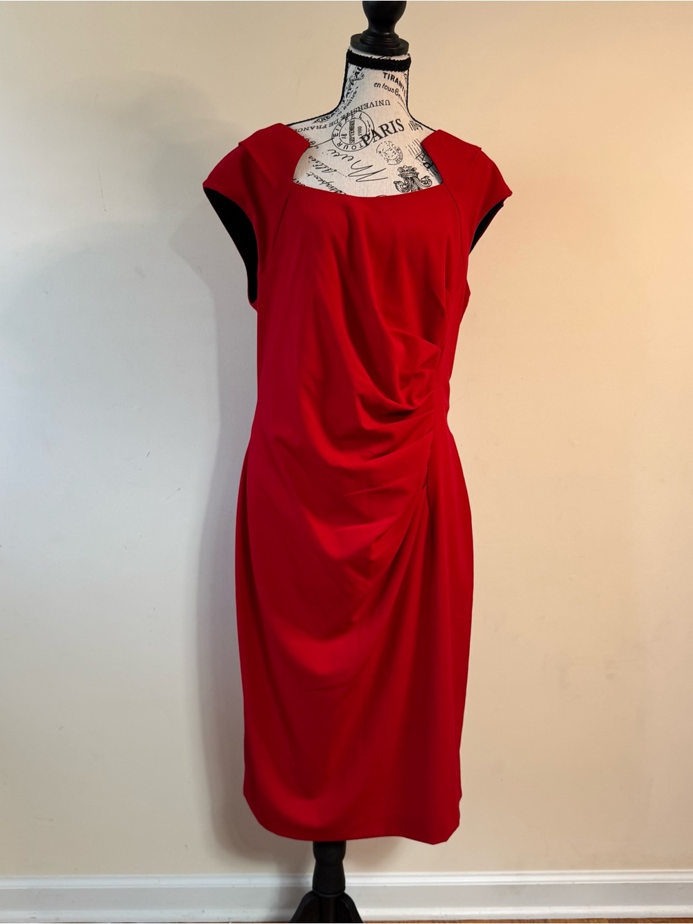Calvin Klein Red Ruched Midi Dress Size US 16W / UK 20 Elegant Minimalist